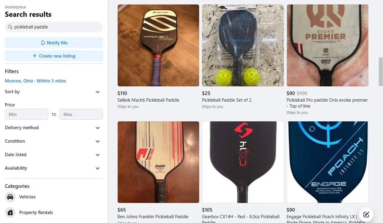 Cheap Used Pickleball Paddles on Facebook Market Place